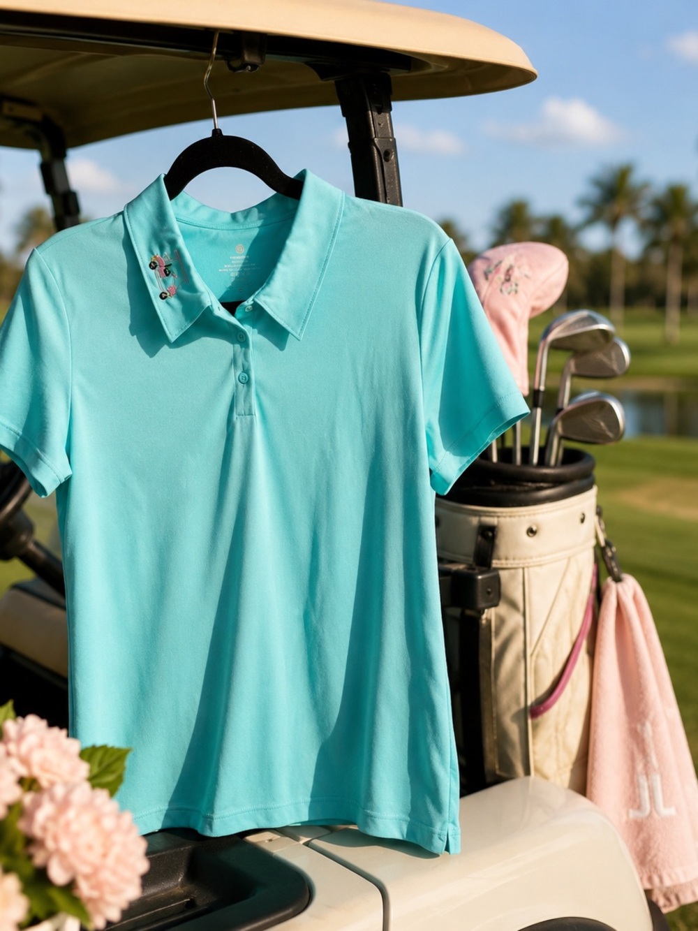 Women’s Short Sleeve Polo Tee in Aqua with Embroidered Collar